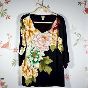 Chico's NWT Women's 3 (XL) Black Asian Eastern Bouquet 3/4 Sleeve Tunic Blouse